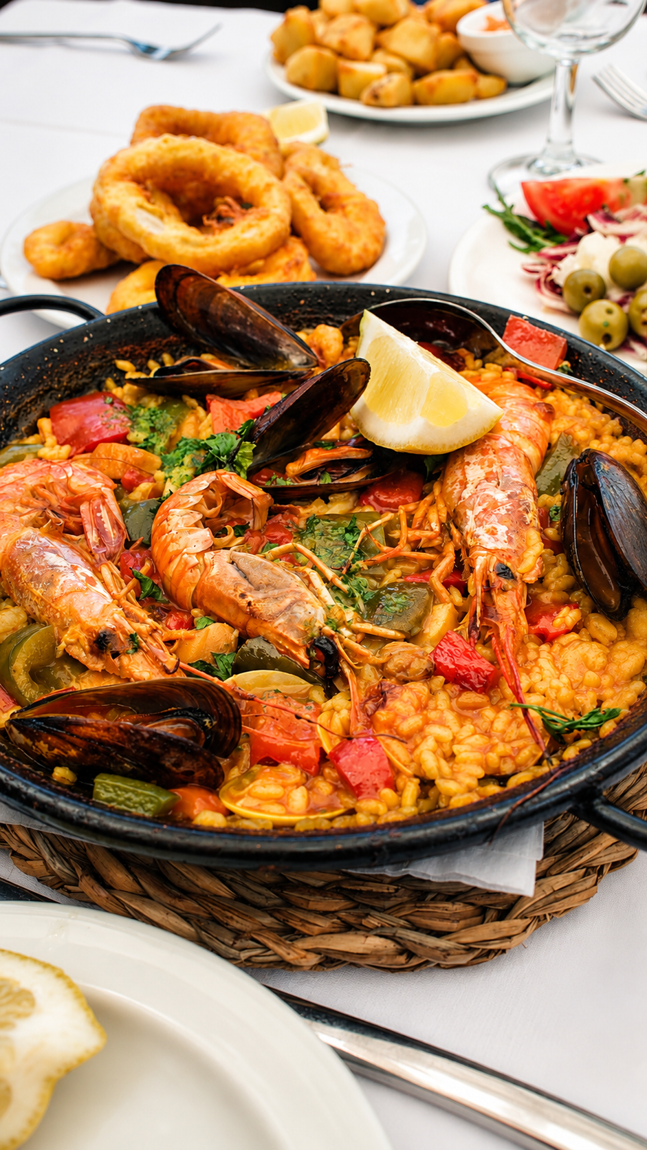 Paella mediterránea recién preparada
